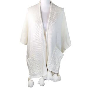 Cynthia Rowley Ivory Knit Poncho Wrap Shawl Fringe Tassels Pom Poms Womens OS
